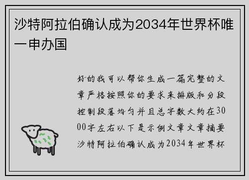 沙特阿拉伯确认成为2034年世界杯唯一申办国