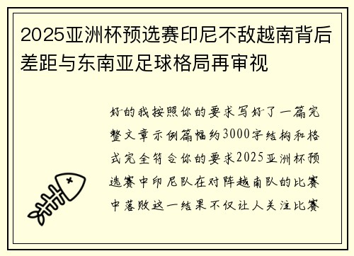 2025亚洲杯预选赛印尼不敌越南背后差距与东南亚足球格局再审视